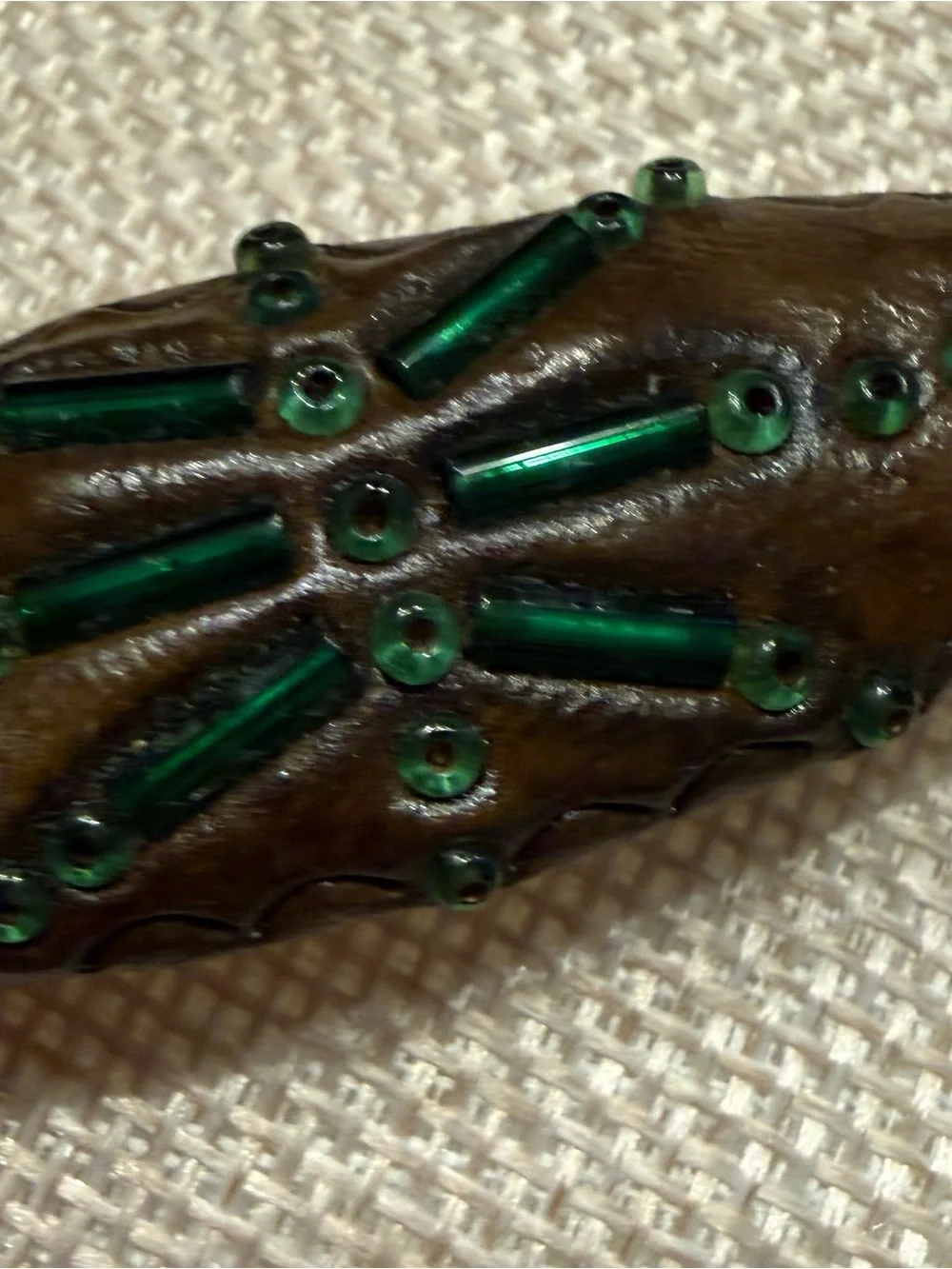 Vintage Brown Celluloid Hair Barrette 2.5” Green Glass Beaded Art Deco